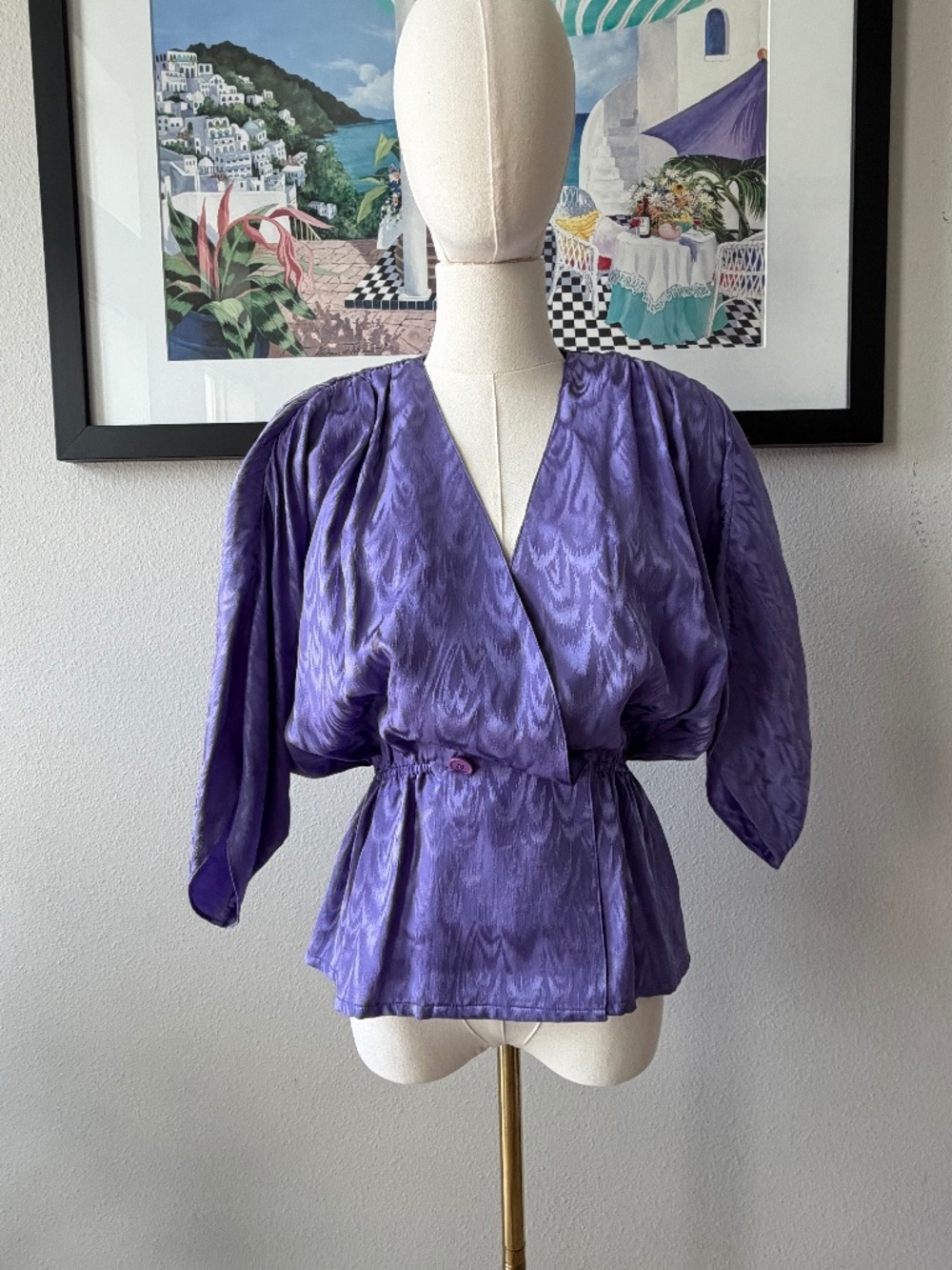 80s Vintage Lauren Alexandra 100% Silk Purple Hourglass Shoulder Pad 3/4 Sleeve